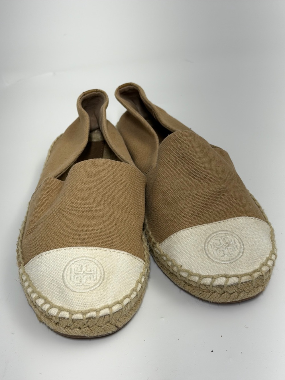 Tory Burch Tan Canvas Espadrille Flats with Cream Toe Cap